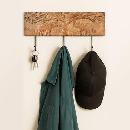 Ajuny Wooden Cloth Hooks Wall Mounted Coat Rack 3 Hooks with Carving