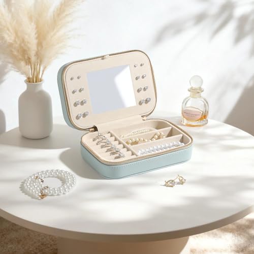 Genuine Leather Travel Jewelry Organizer Case with Mirror for Women