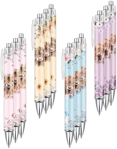 12 Pcs Highland Cow Ballpoint Pens, Cute Cow Print Retractable Click