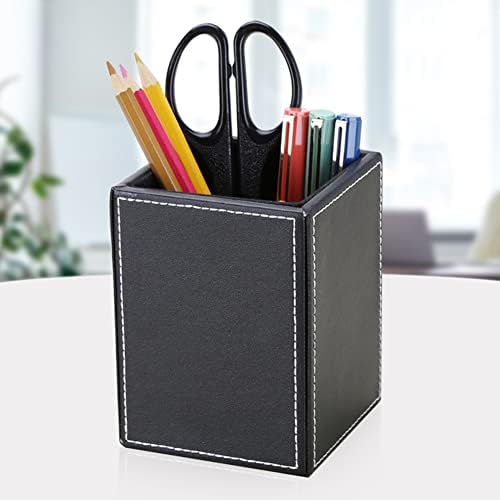KINGFOM PU Leather Square Pens Pencils Holder Cup Desktop Stationery