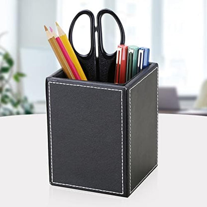 KINGFOM PU Leather Square Pens Pencils Holder Cup Desktop Stationery