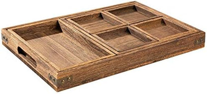 Wood Serving Tray with Handle, Set of 7 Nesting Rectangular Trays for