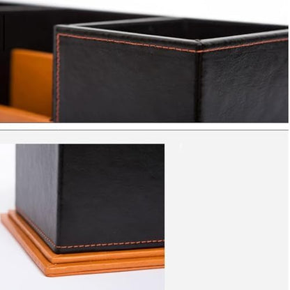 Leather Wood Pen Holder with Business Card Slot, Double-Layer Modern