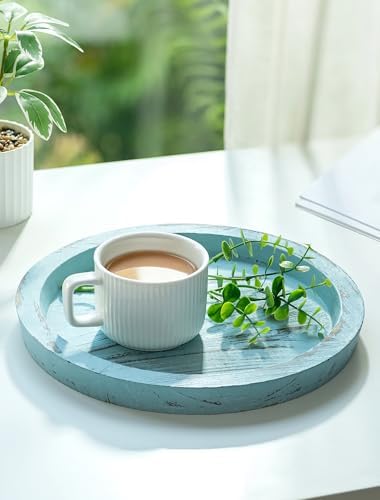 Hanobe Round Wood Candle Holder Tray, Ocean Blue Coastal Coffee Table