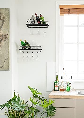 Mkono Wall Mounted Wine Rack, Wine Glass Holder with Wood Shelf