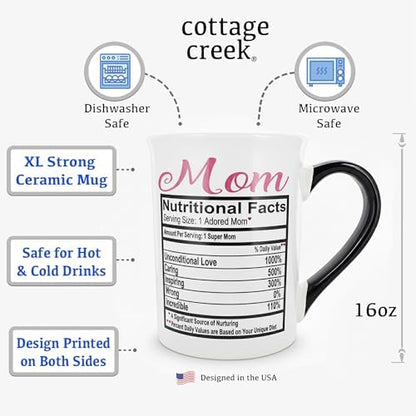 Cottage Creek Mom Nutrition Facts Mug, Funny 16oz Coffee Cup for