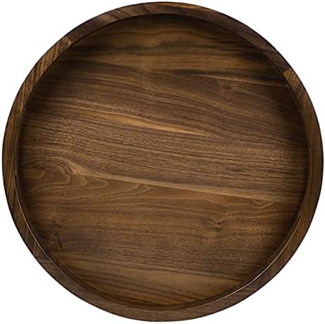 15" Round M-Small Black Walnut Wood Ottoman Tray with Handle