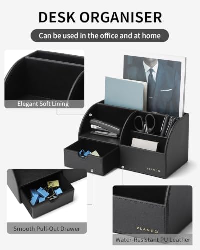 VLANDO Desk Organizer, 6-Compartment Faux Leather Desk Storage with
