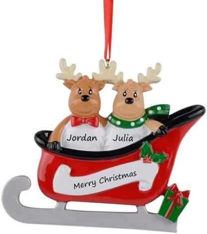 Family of 2 Christmas Ornament 2026 | Personalized Reindeer Sleigh