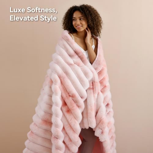 Smoofy Tie dye Pink Fluffy Faux Rabbit Fur Striped Blanket 60"x80"