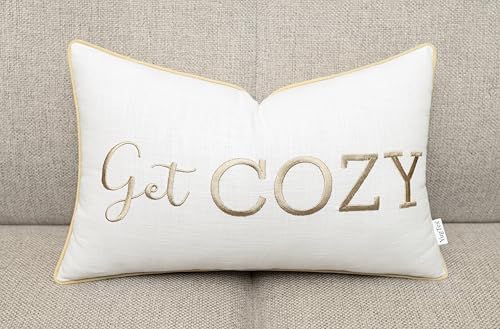Get Cozy Embroidered 12x20 Lumbar Pillow Cover, Ivory
