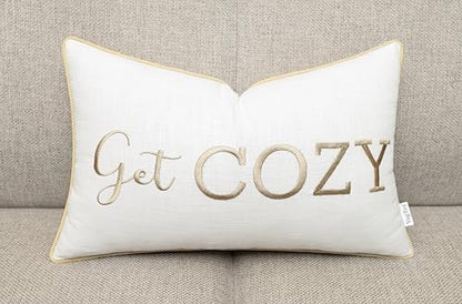 Get Cozy Embroidered 12x20 Lumbar Pillow Cover, Ivory
