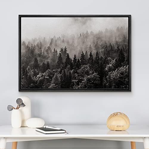 wall26 Framed Canvas Wall Art - Misty Forest in Black and White