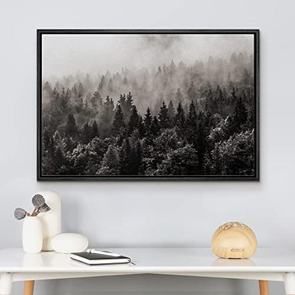 wall26 Framed Canvas Wall Art - Misty Forest in Black and White