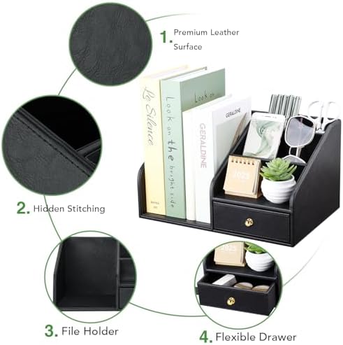 GORESE PU Leather Desk Organizer, File Organizer with Drawer and 4