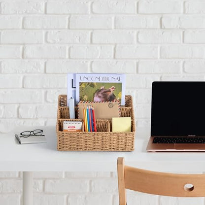 DINGTAI Rattan Desk Organizer, Tabletop Mail Holder, 5 Slot Mail