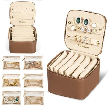 Travel Jewelry Case Organizer - Compact PU Leather Jewelry Box with 6