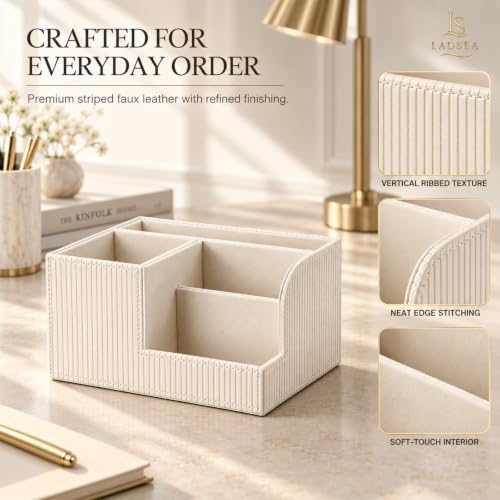 Pen Holder for Desk, 4-Compartment PU Leather Desk Organizer, Cream