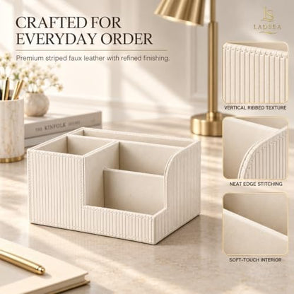 Pen Holder for Desk, 4-Compartment PU Leather Desk Organizer, Cream