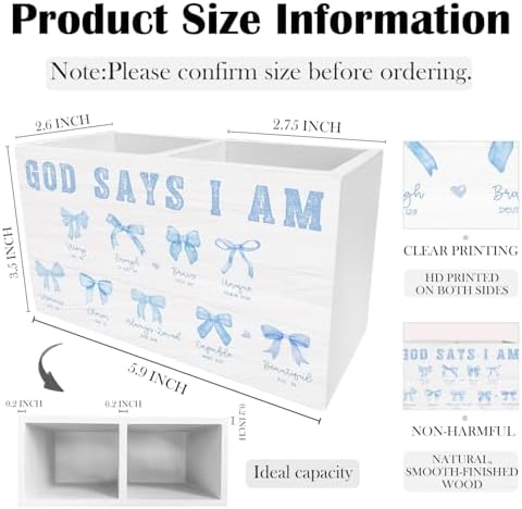 Coquette Blue Bow Christian Pen Holder for Desk, God Says I Am Bible