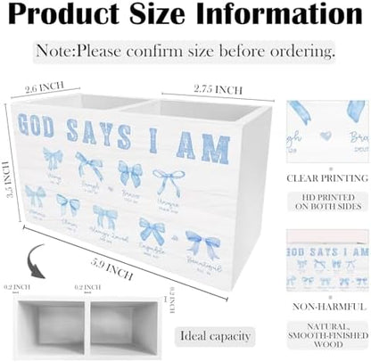 Coquette Blue Bow Christian Pen Holder for Desk, God Says I Am Bible