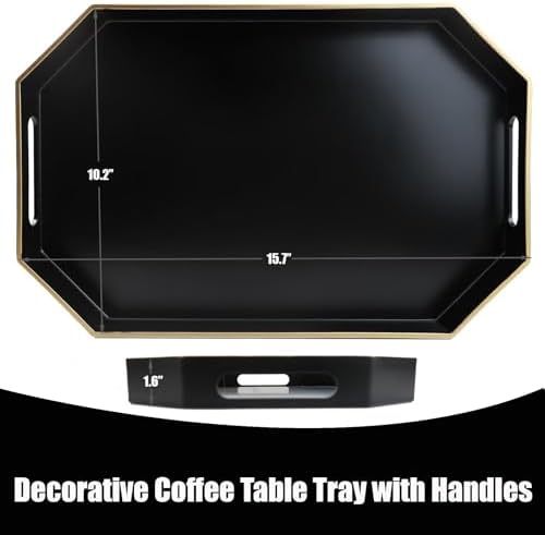 Black Decorative Tray with Handles, Octagon Versatile Serving Tray for