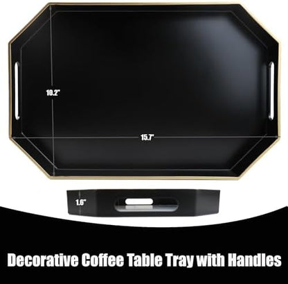Black Decorative Tray with Handles, Octagon Versatile Serving Tray for