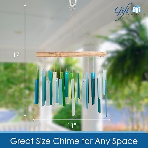 Ocean Blue Sea Glass Driftwood Wind Chime, Handcrafted Coastal
