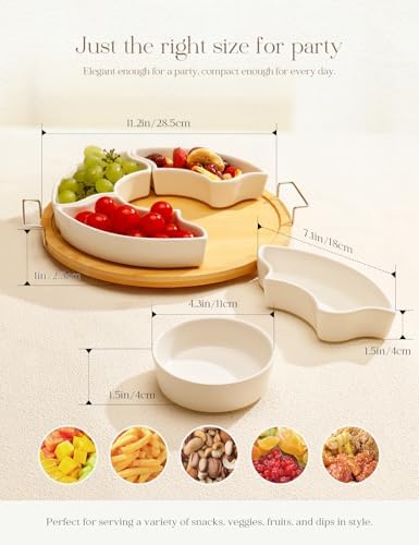 Ceramic Divided Serving Dishes with 360°Rotatable Bamboo Tray and