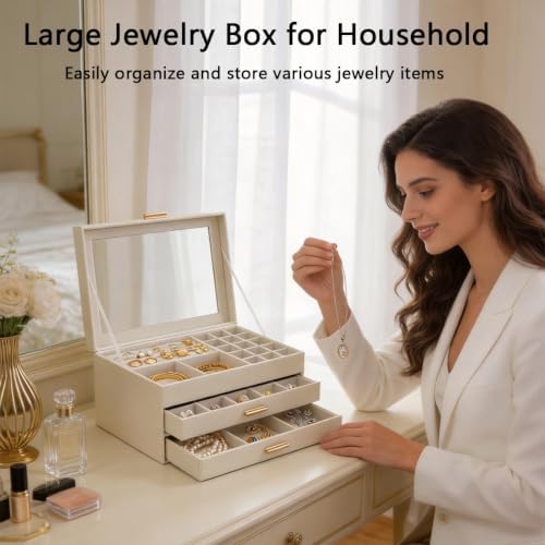 ZPROW Jewelry Box Organizer for Women with Glass Lid, 3-Layer Jewelry