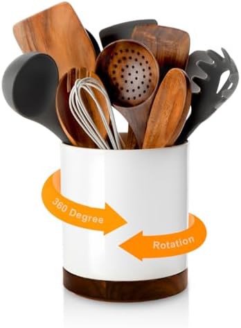 Ceramic Rotating Kitchen Utensil Holder for Countertop, 7.2'' White