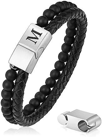 LUXEJEW Gifts for Men - Mens Bracelet, Beaded Leather Initial Bracelet