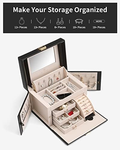 VLANDO Jewelry Boxes for Women with Mirror and 3 Drawers,Black