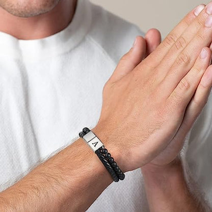LUXEJEW Gifts for Men - Mens Bracelet, Beaded Leather Initial Bracelet