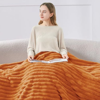 BEDELITE Ribbed Fleece Fall Throw Blanket, Burnt Orange, 50"x60"