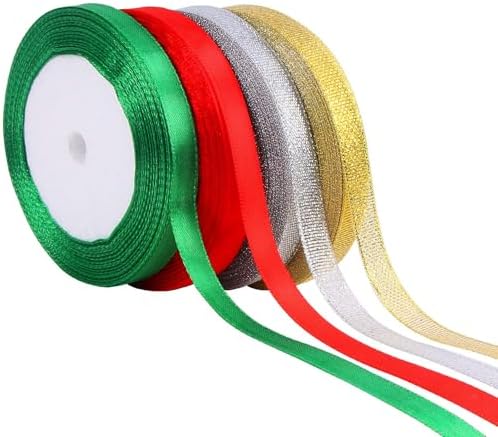 DECYOOL 4 Rolls Christmas Ribbon Metallic Glitter Satin Gift Ribbons