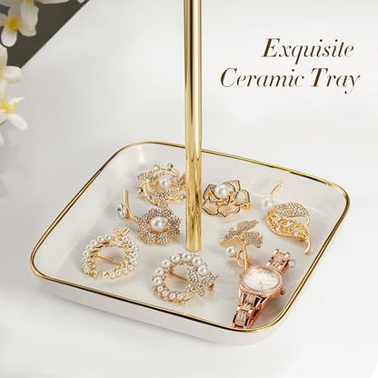 Jewelry Holder Stand with Ceramic Base: 12" Tall Necklace Organizer
