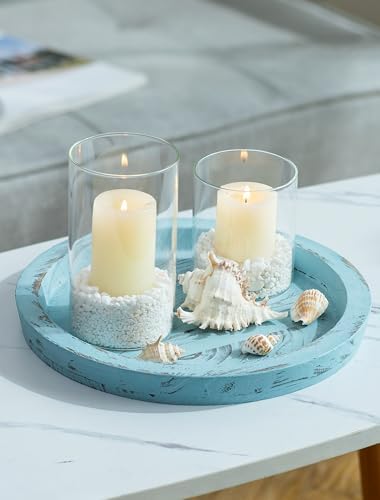 Hanobe Round Wood Candle Holder Tray, Ocean Blue Coastal Coffee Table