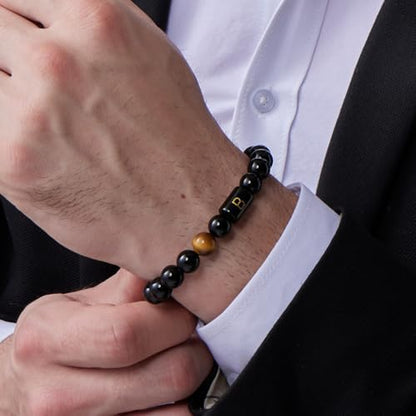 FRG Initials Bracelets for Men Letter Link Handmade Natural Black Onyx