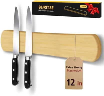 Magnetic Knife Holder, 12 Inch Bamboo Wood Knife Strip for Wall or