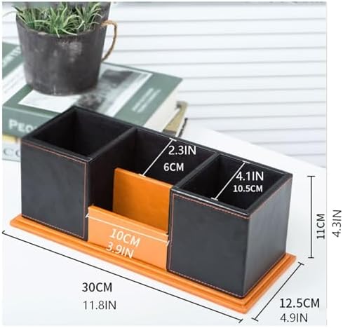 Leather Wood Pen Holder with Business Card Slot, Double-Layer Modern