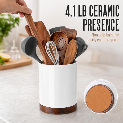 Ceramic Rotating Kitchen Utensil Holder for Countertop, 7.2'' White