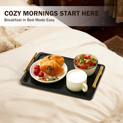PEKER Wooden Serving Tray with Metal Handles, Black Decorative Coffee