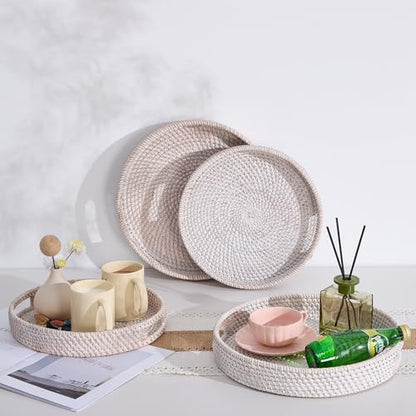 Round Rattan Serving Tray,Hand-Woven Tray with Handles, Ottoman