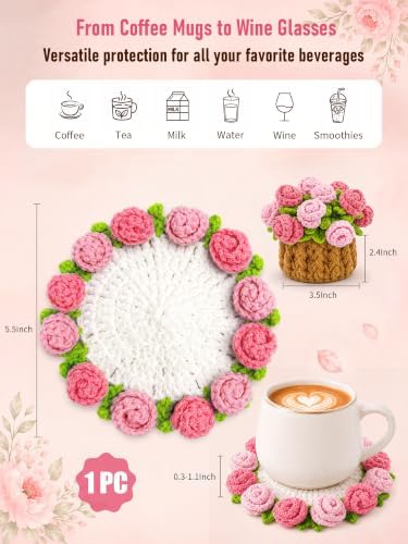 Crochet Flower Bouquet Coasters, Cotton Rose Gifts for Home Decor 1Pc