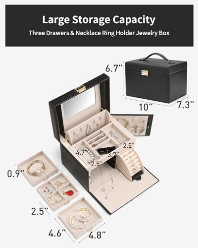 VLANDO Jewelry Boxes for Women with Mirror and 3 Drawers,Black