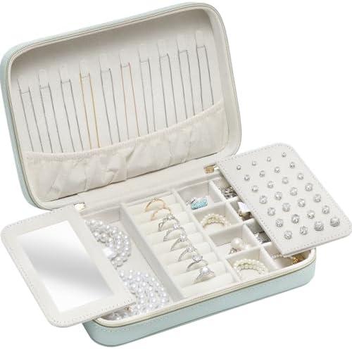 Genuine Leather Travel Jewelry Organizer Case Box with Mirror for