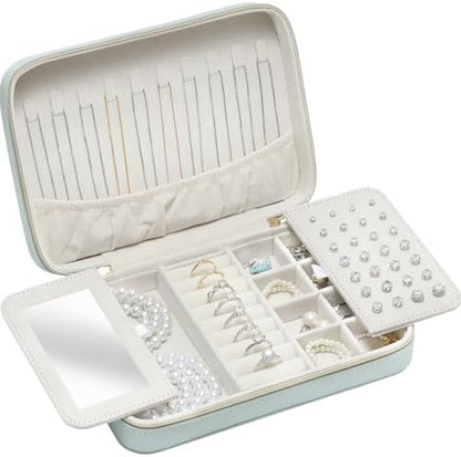 Genuine Leather Travel Jewelry Organizer Case Box with Mirror for