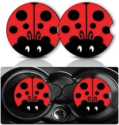 2PCS Red Ladybug Car Cup Holder Coasters Universal Anti-Slip Rubber