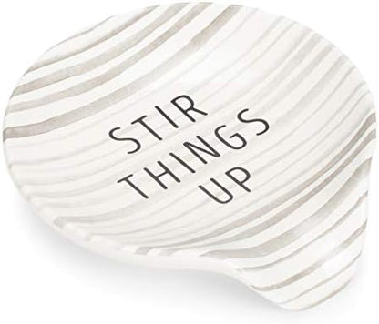 DEMDACO Stir Things Up 4.5 x 4 Glossy White and Grey Stripe Ceramic